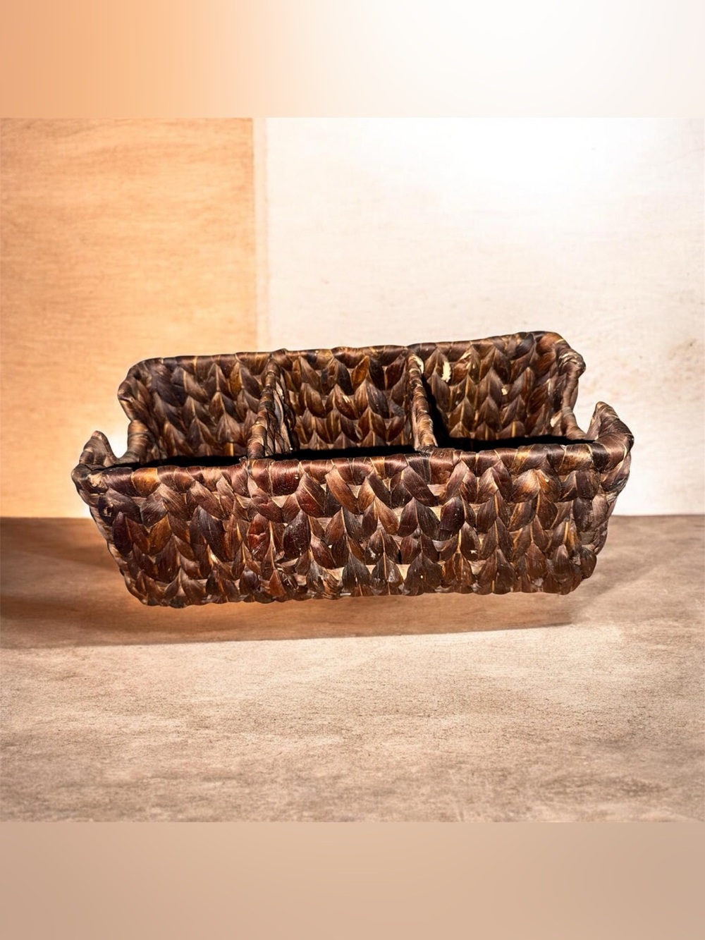 Handwoven Brown Wicker Divided Organizer Basket | Rustic Boho Storage Caddy